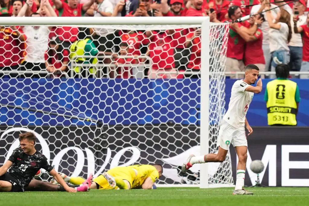 Morocco's Azzedine Ounahi celebrates after scoring.