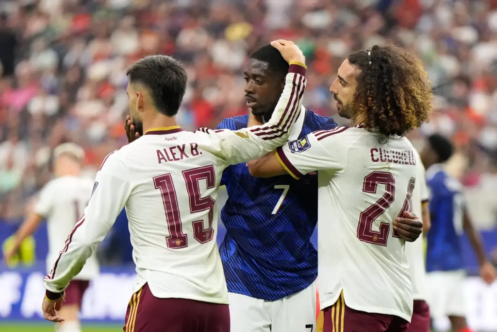 Spain’s Alex Baena, France’s Ousmane Dembele and Spain’s Marc Cucurella...