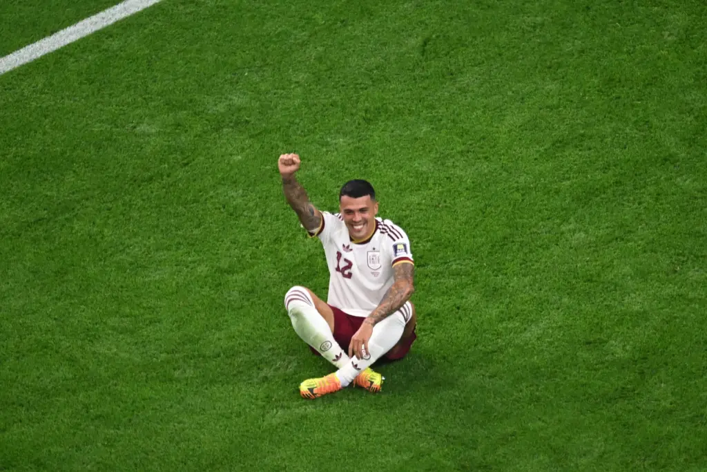Spain’s Pedro Porro (12) celebrates after scoring his side’s second...