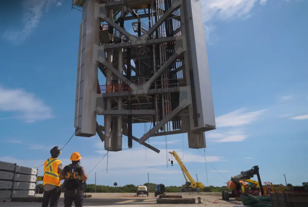 Construction continues on the first of two launch towers at...