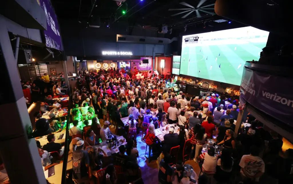 USA soccer fans watch during a âOrlando Soccer Celebrationâ watch...