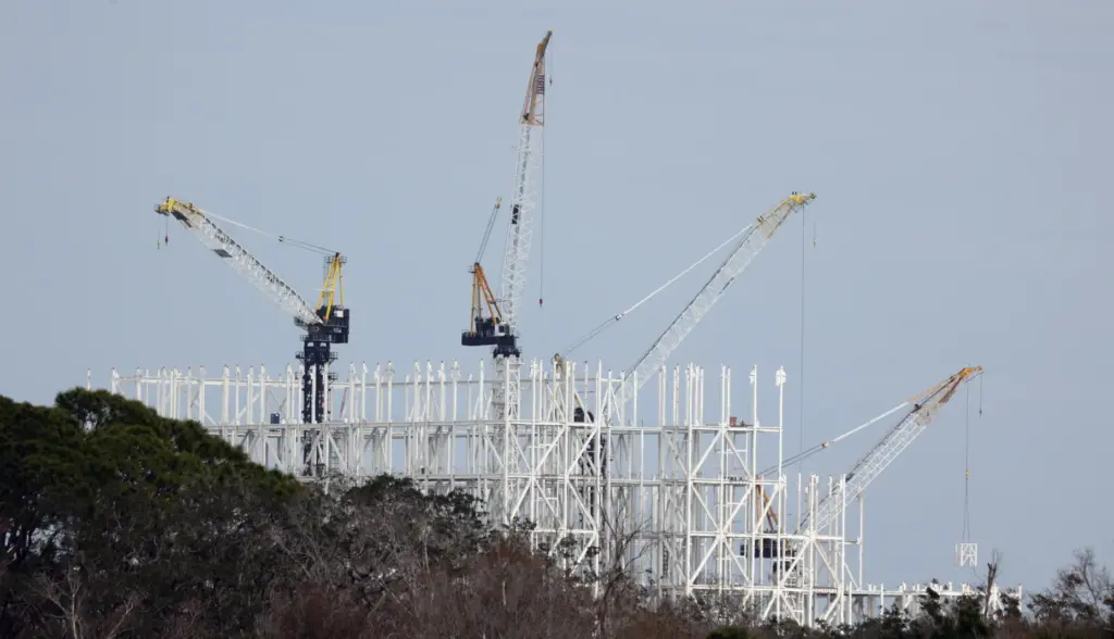 The SpaceX GigaBay manufacturing facility under construction at the Kennedy...