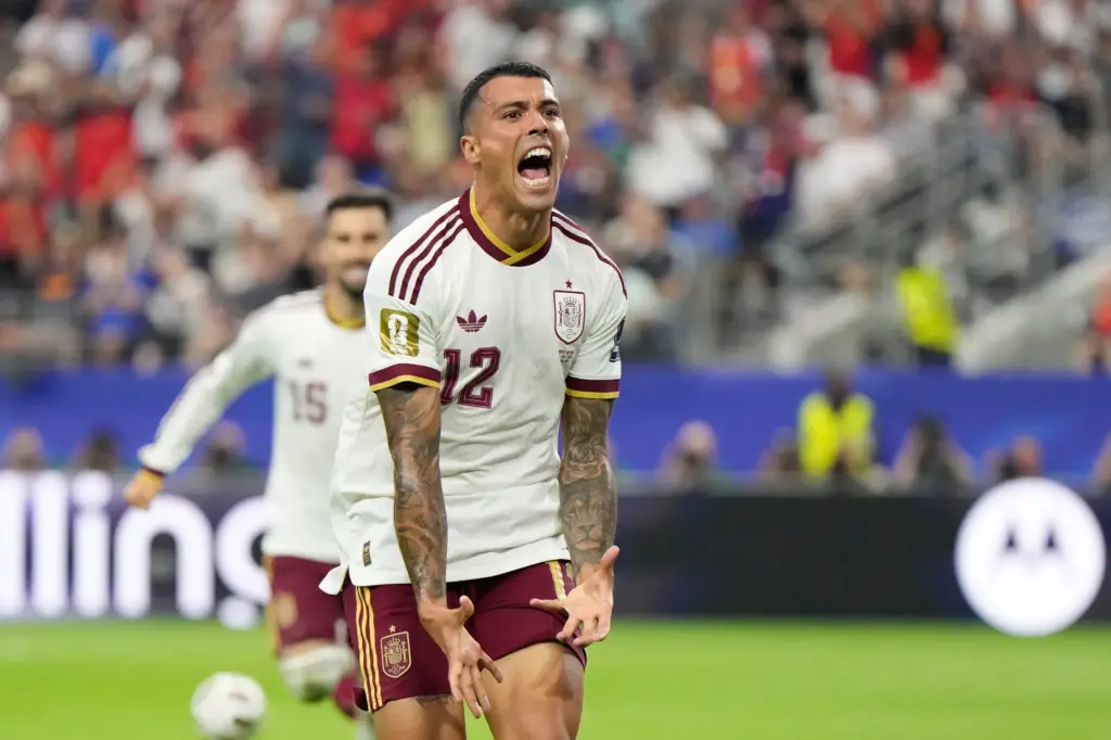 Spain’s Pedro Porro reacts after scoring his side’s second goal...
