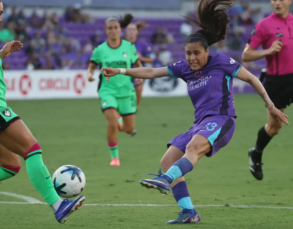 Orlando player Jacquie Ovalle kicks at goal during the Boston...