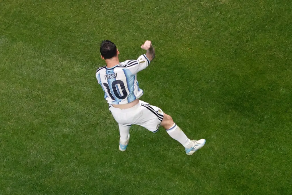 Argentina’s Lionel Messi celebrates after scoring his side’s second goal...