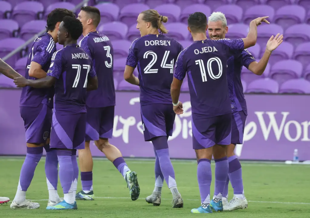 Orlando City players celebrate after a goal during the Tampa...