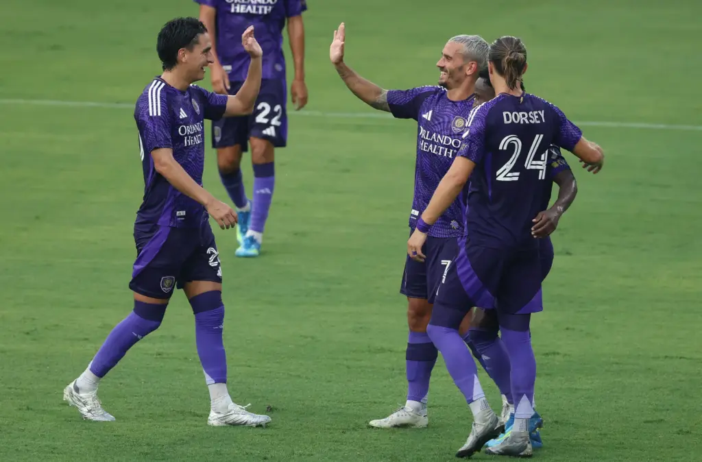 Orlando City players celebrate during the Tampa Bay Rowdies at...
