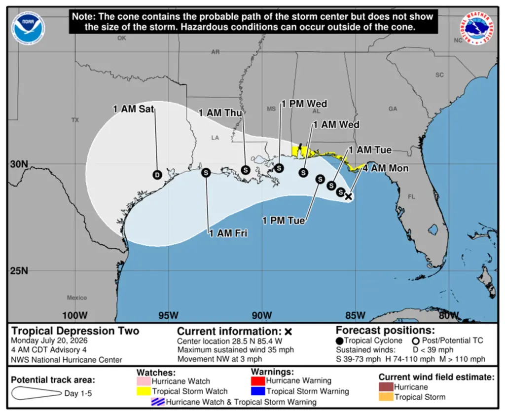 Tropical Depression Two cone of uncertainty as of 5 a.m. EDT Monday, July 20, 2026. (NHC)