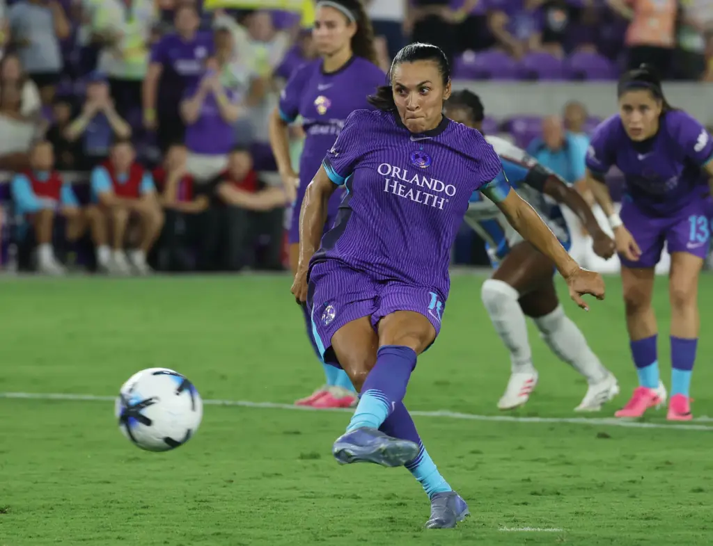 Orlando player Marta narrowly misses a penalty kick during the...