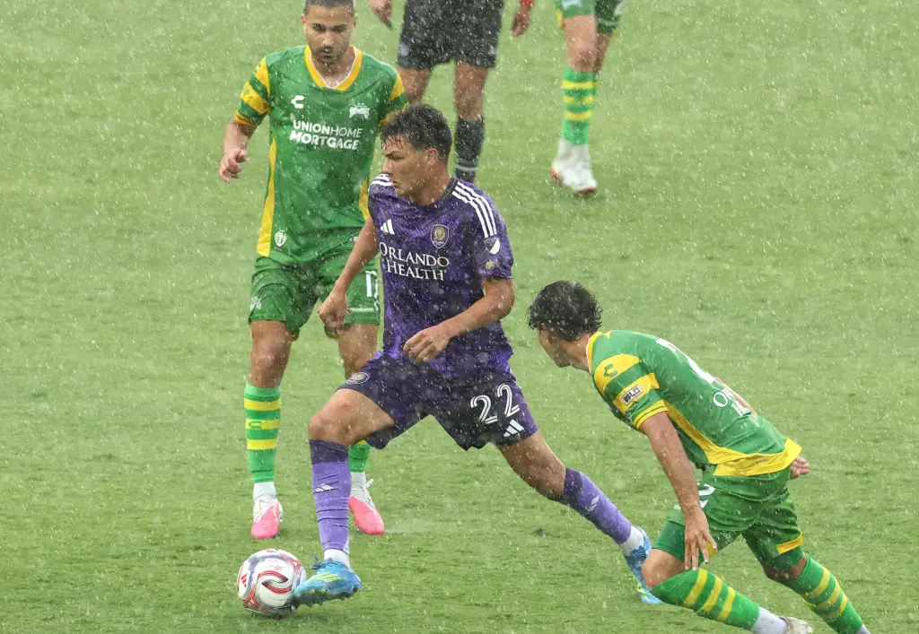 Orlando City player Justin Ellis (22) controls the ball in...
