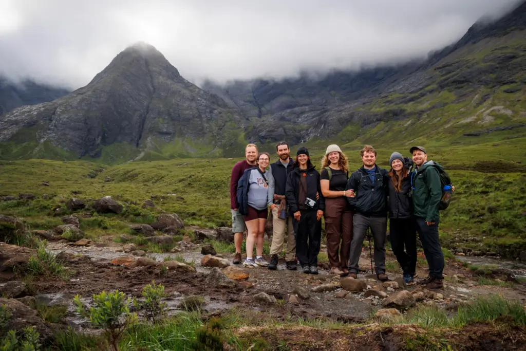 A group of happy travelers, from left, Owen Osterling, Mara...