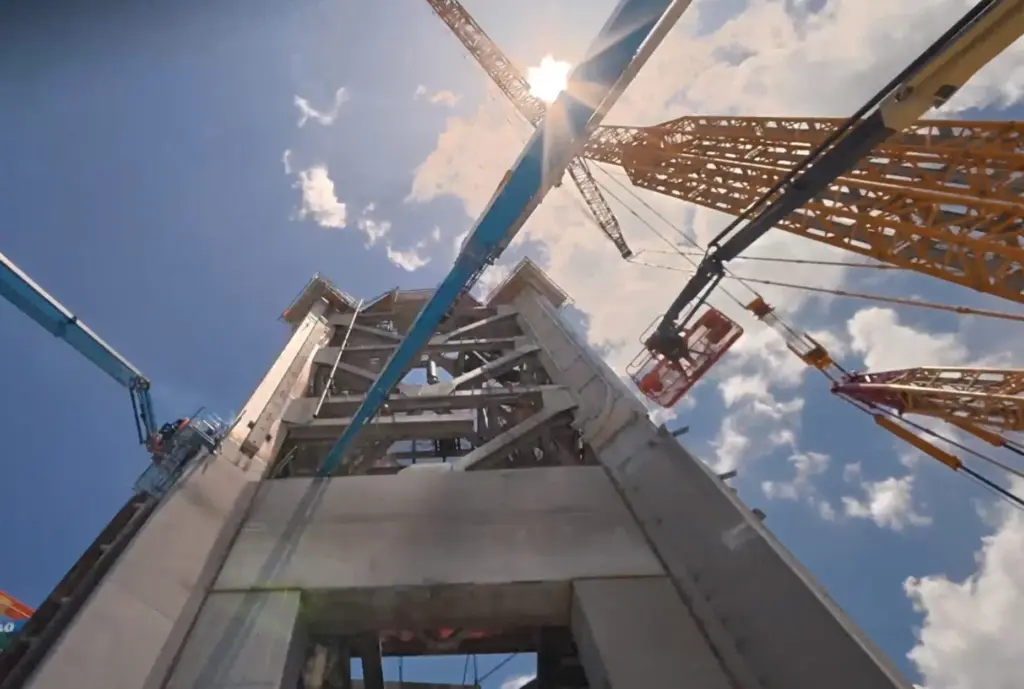 Construction continues on the first of two launch towers at...