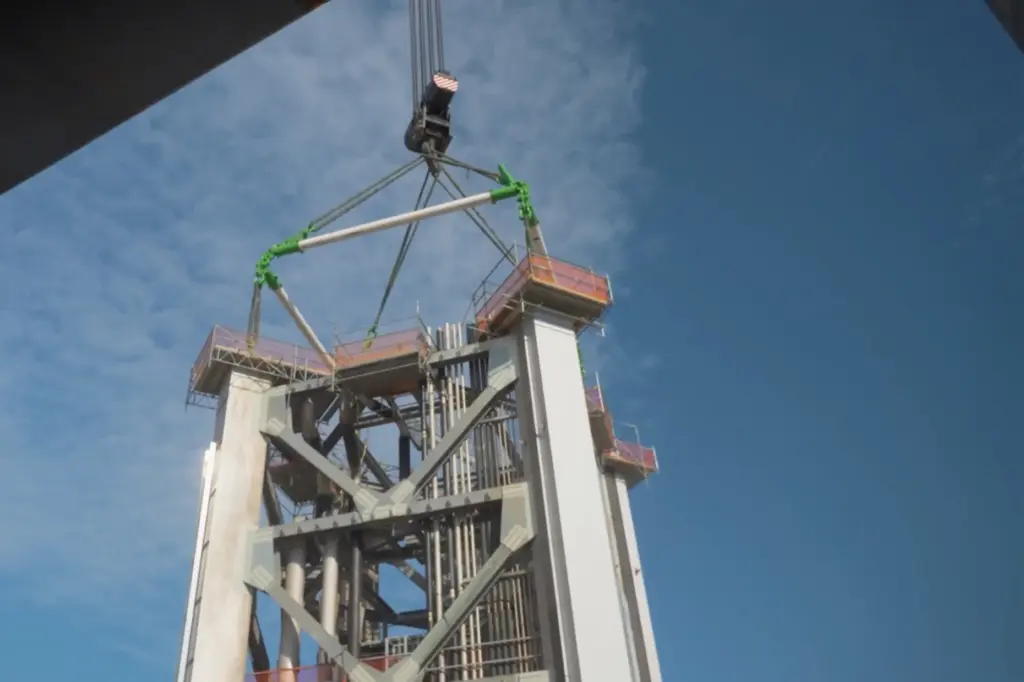Construction continues on the first of two launch towers at...