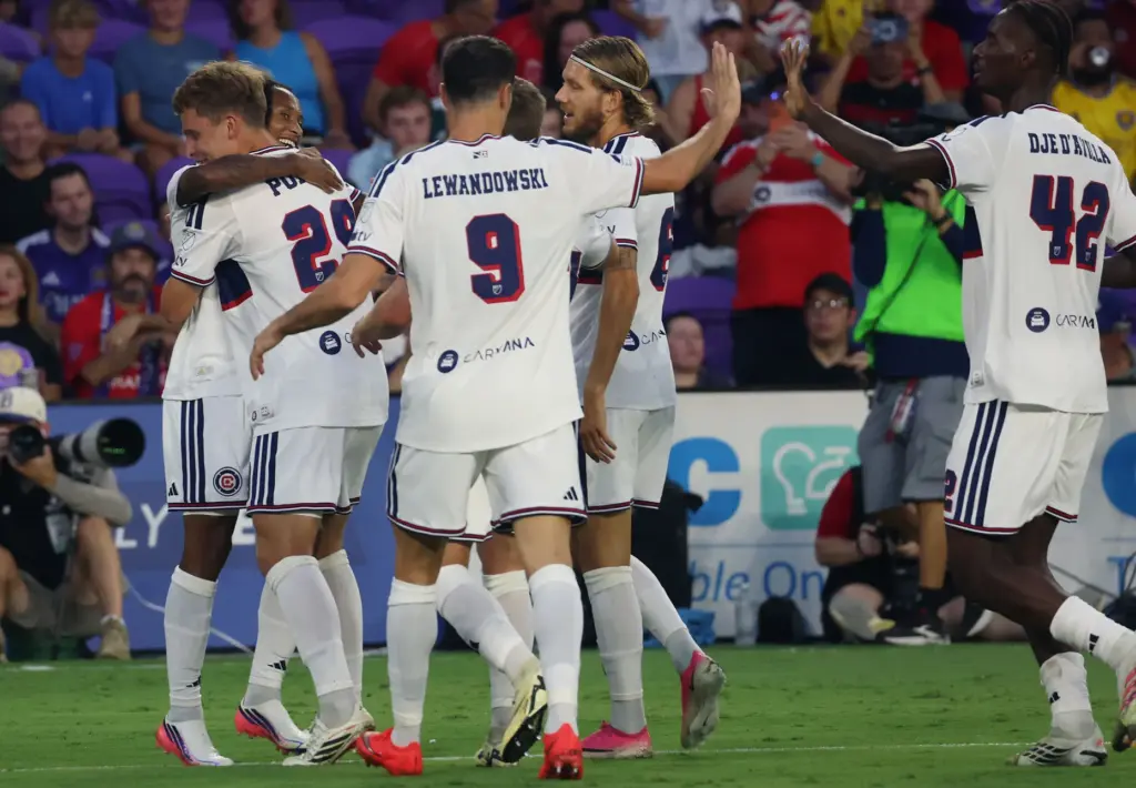 Chicago players celebrate after a goal during the Chicago Fire...