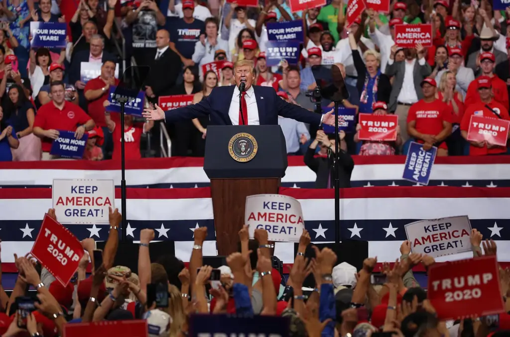 President Trump speaks during his campaign kickoff at the Amway...