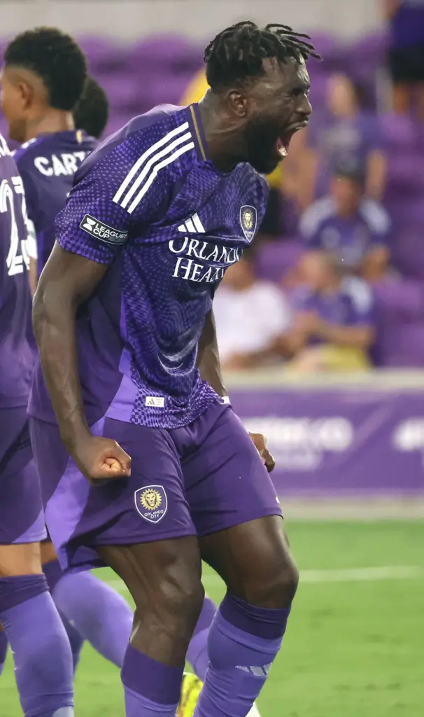Orlando player Daryl Dike screams in celebration after scoring a...