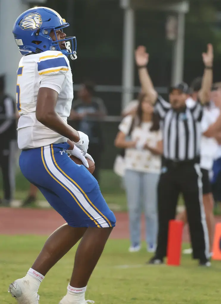 TFA receiver Jaylen Johnson (5) celebrates after a touchdown during...