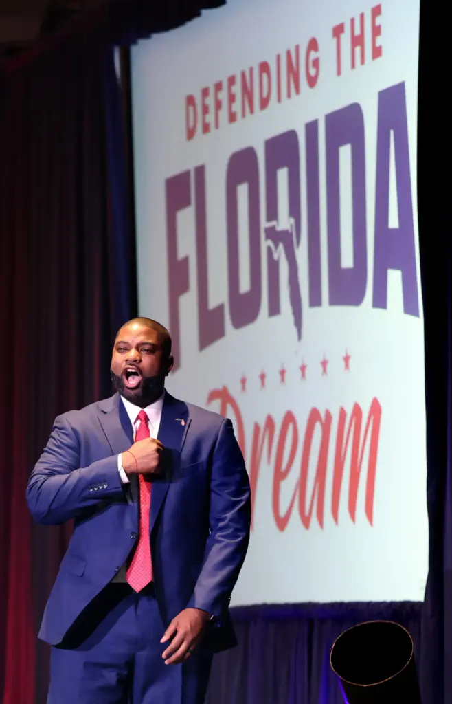 Florida Republican gubernatorial nominee Byron Donalds takes the stage to...