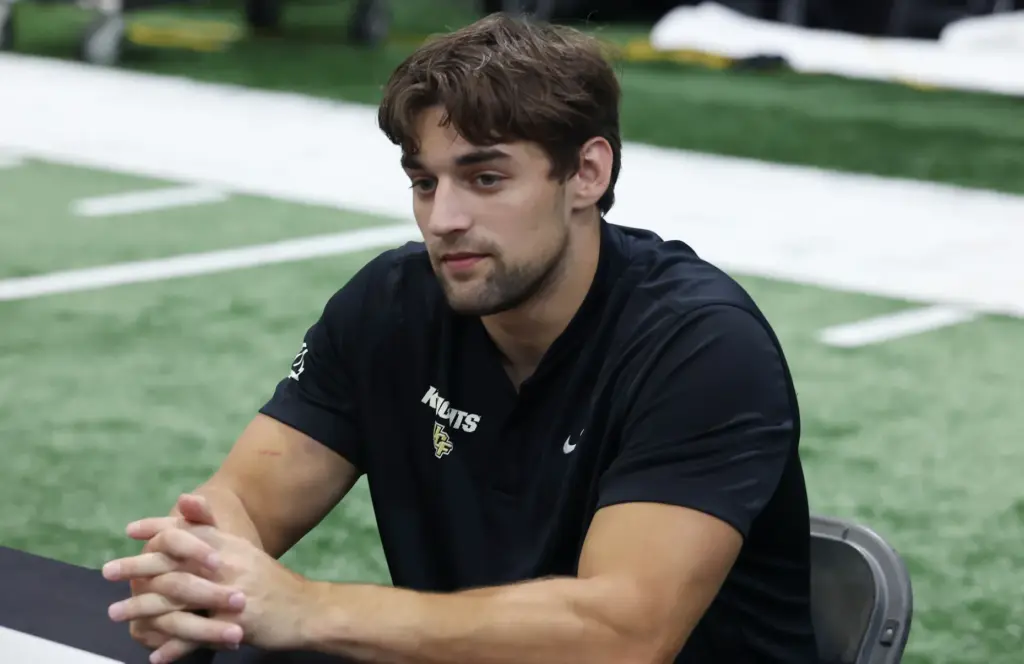 UCF linebacker Tackett Curtis is interviewed during UCF Football Media...