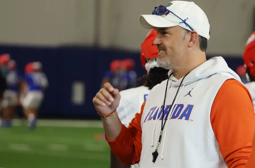 University of Florida defensive coordinator Brad White gestures during the...