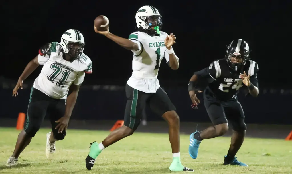 Lake Nona player Willam Jackson throws during the Evans High...