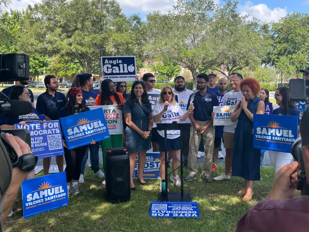Angie Gallo, candidate for Orange County School Board chair, speaks...