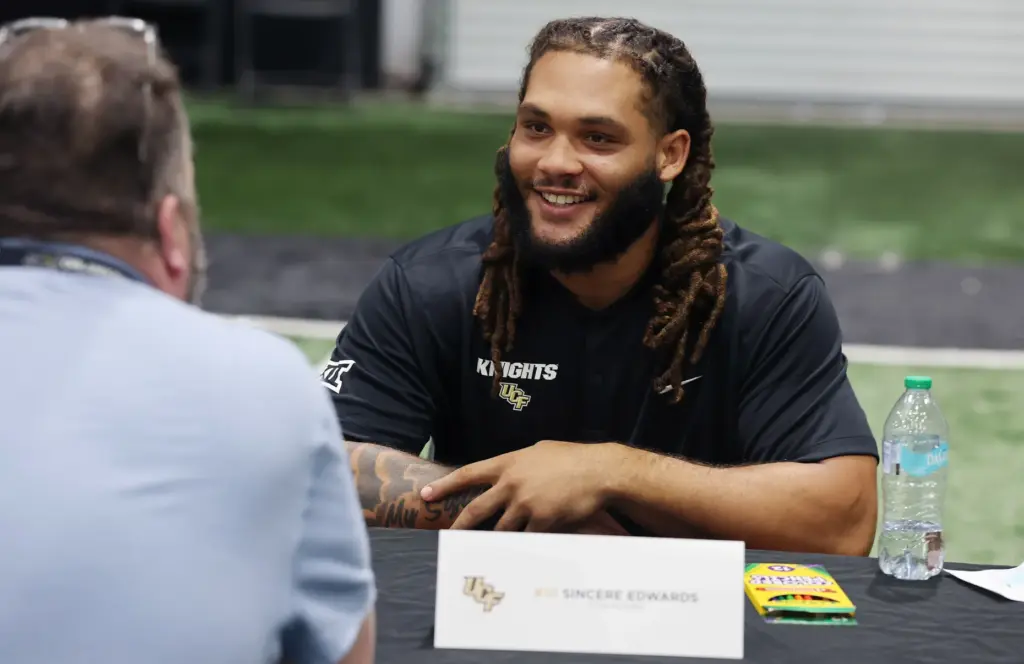 UCF player Sincere Edwards is interviewed during UCF Football Media...