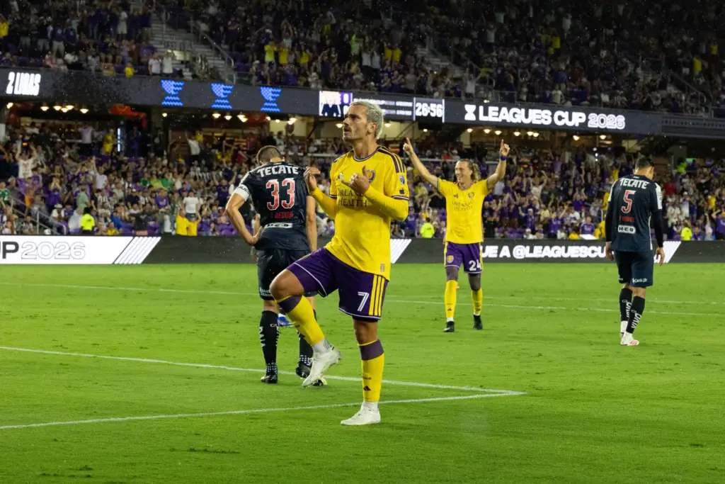 Orlando City player Antoine Griezmann (7) dances in celebration after...