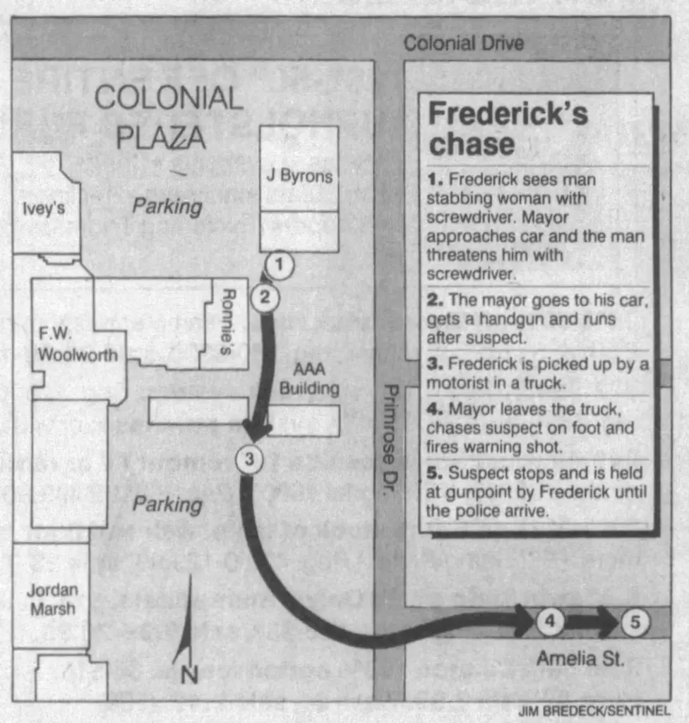 Map shows details of when Orlando Mayor Bill Frederick helped nab a stabbing suspect in 1988. (Orlando Sentinel File)