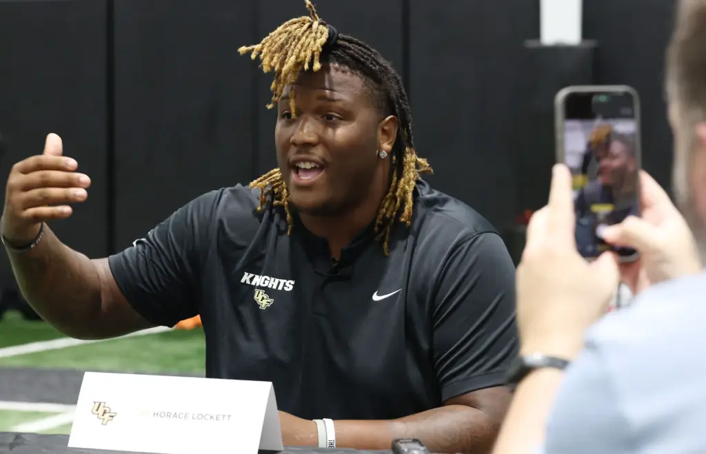 UCF player Horace Lockett is interviewed during UCF Football Media...