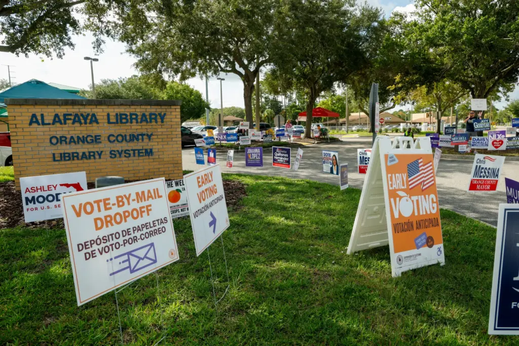 Early voting and campaign signs line the entrance to the...