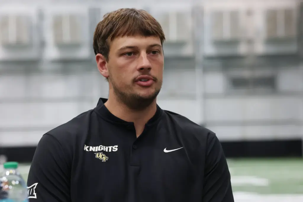 UCF punter Atticus Bertrams is interviewed during UCF Football Media...