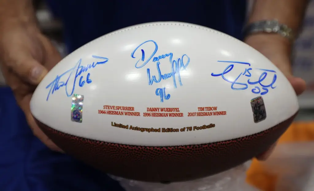 An autographed football is displayed during the Florida Legends Experience...