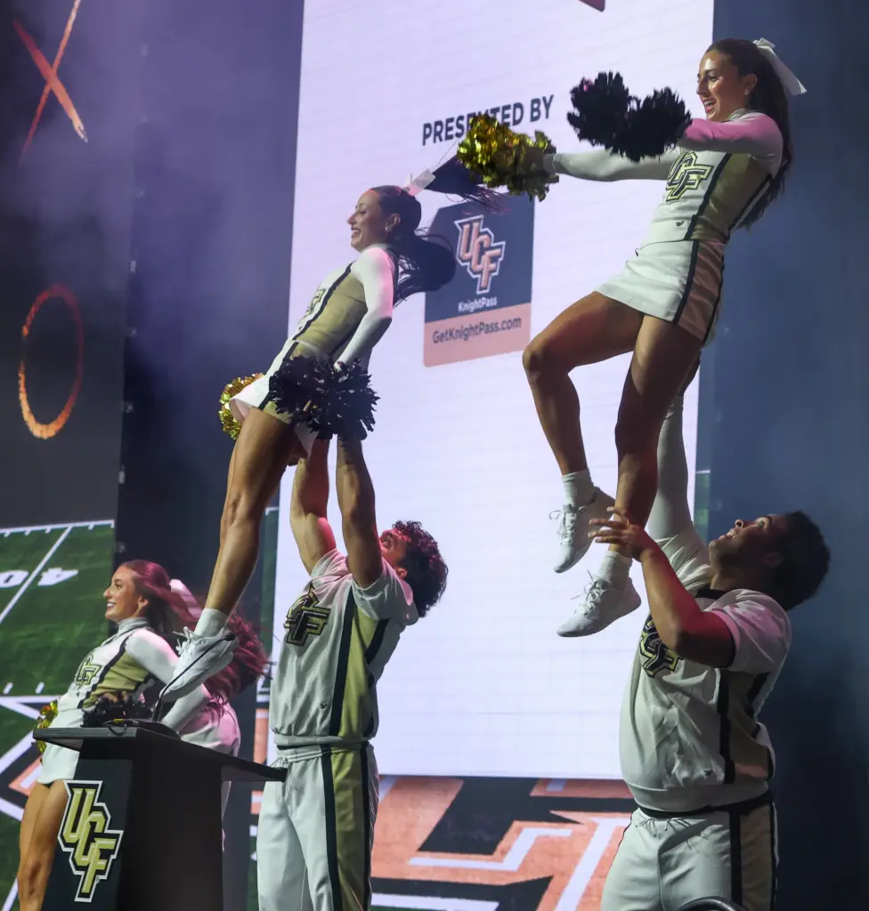 University of Central Florida cheerleaders perform during the 2026 UCF...