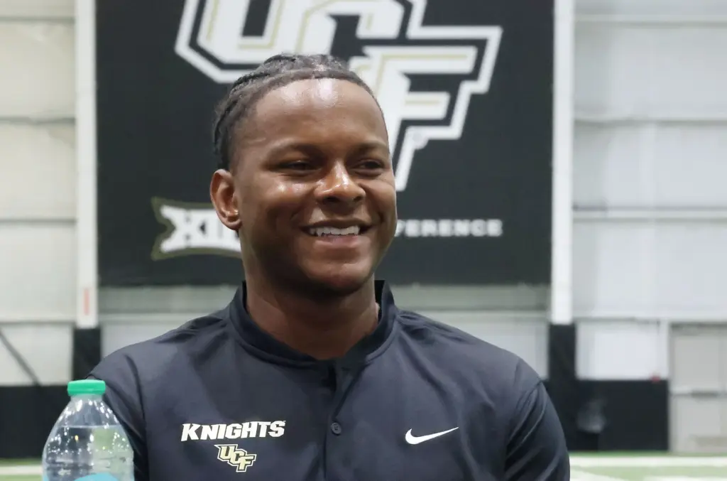 UCF quarterback Alonza Barnett III is interviewed during UCF Football...
