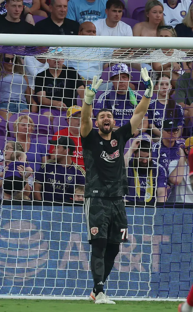 Orlando goalkeeper Maxime Crepeau yells during the FC Cincinnati at...