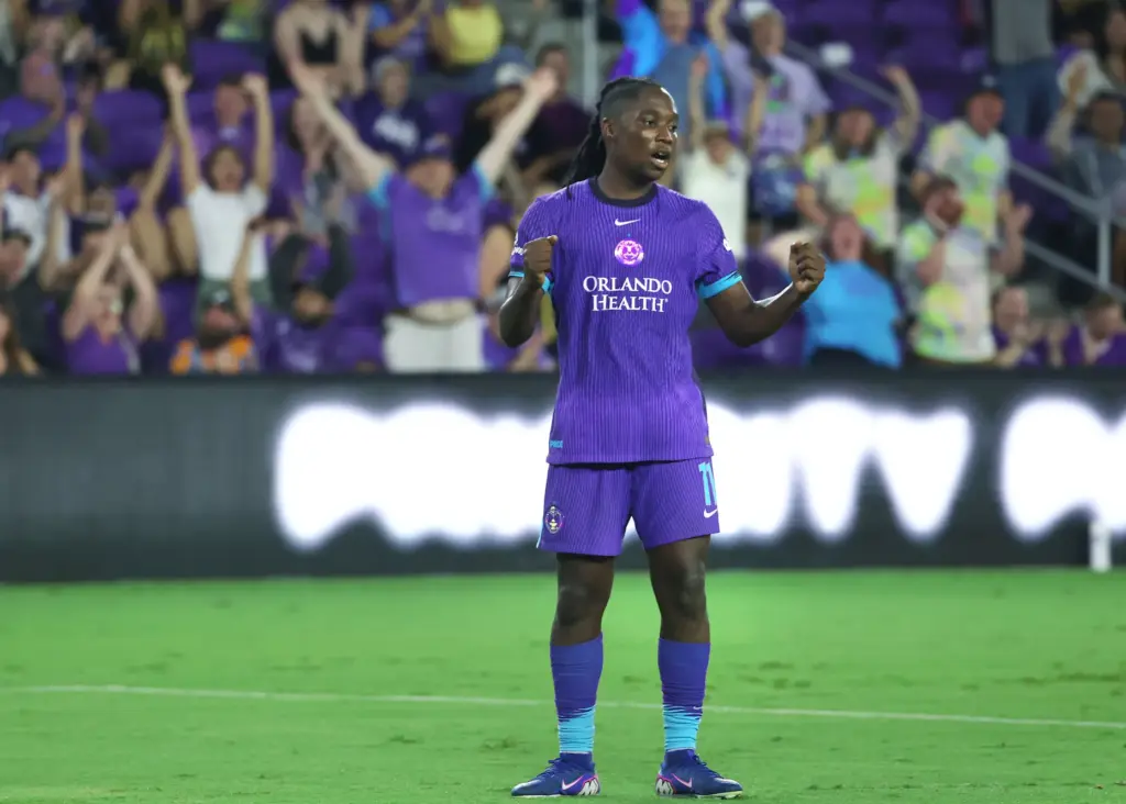 Orlando player Barbra Banda (11) celebrates after scoring a goal...