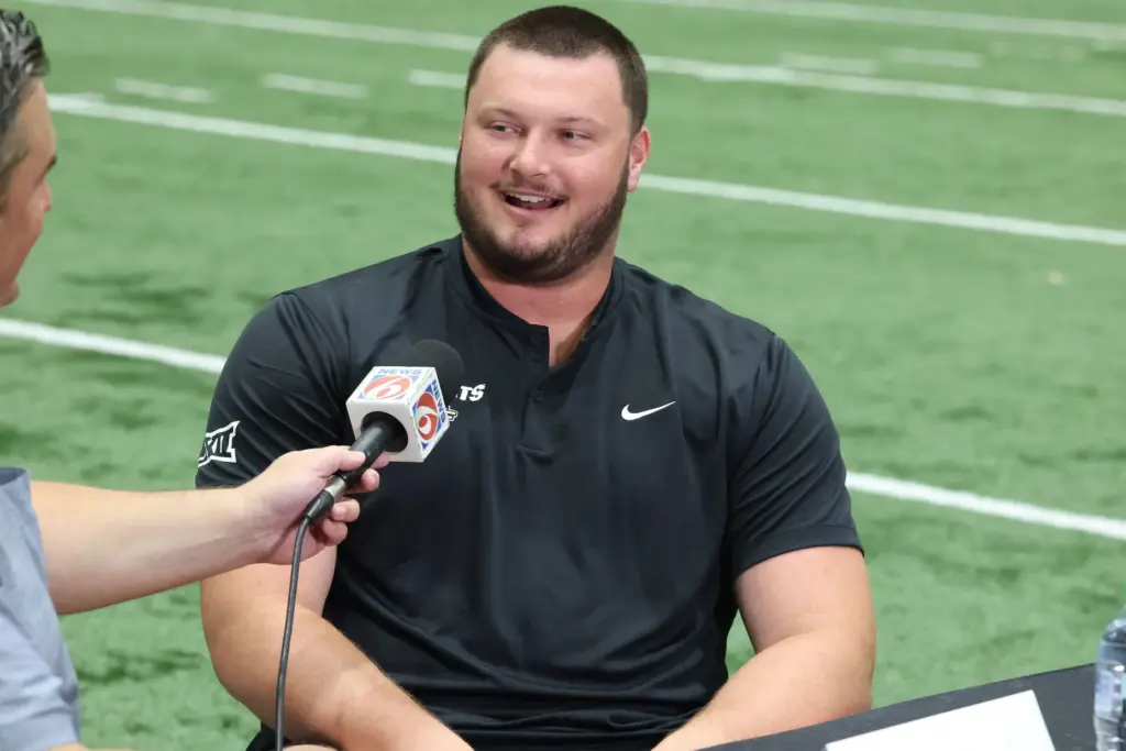 UCF offensive lineman Preston Cushman is interviewed during UCF Football...