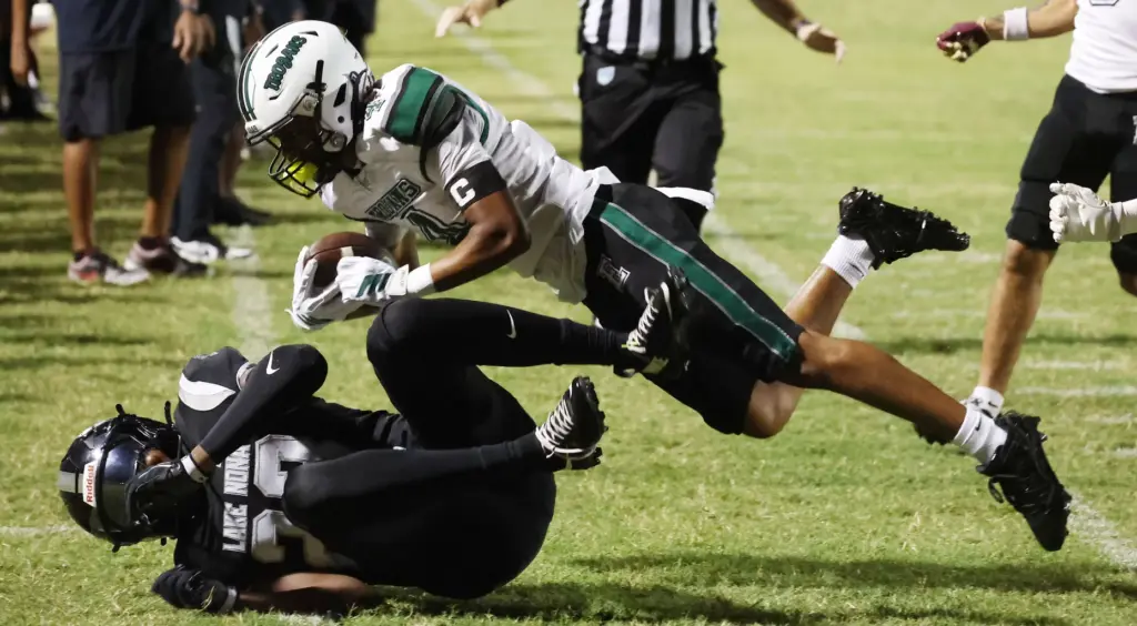 Evans High receiver Brian Dillard (4) comes down with a...