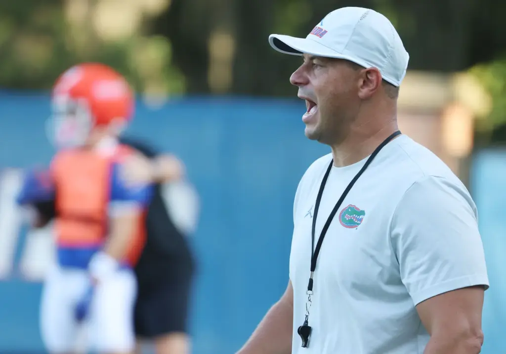 University of Florida head coach Jon Sumrall yells during the...