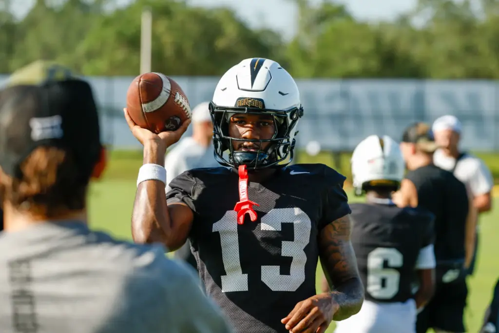 UCF Knights wide receiver Caleb Rollerson during drills on the...
