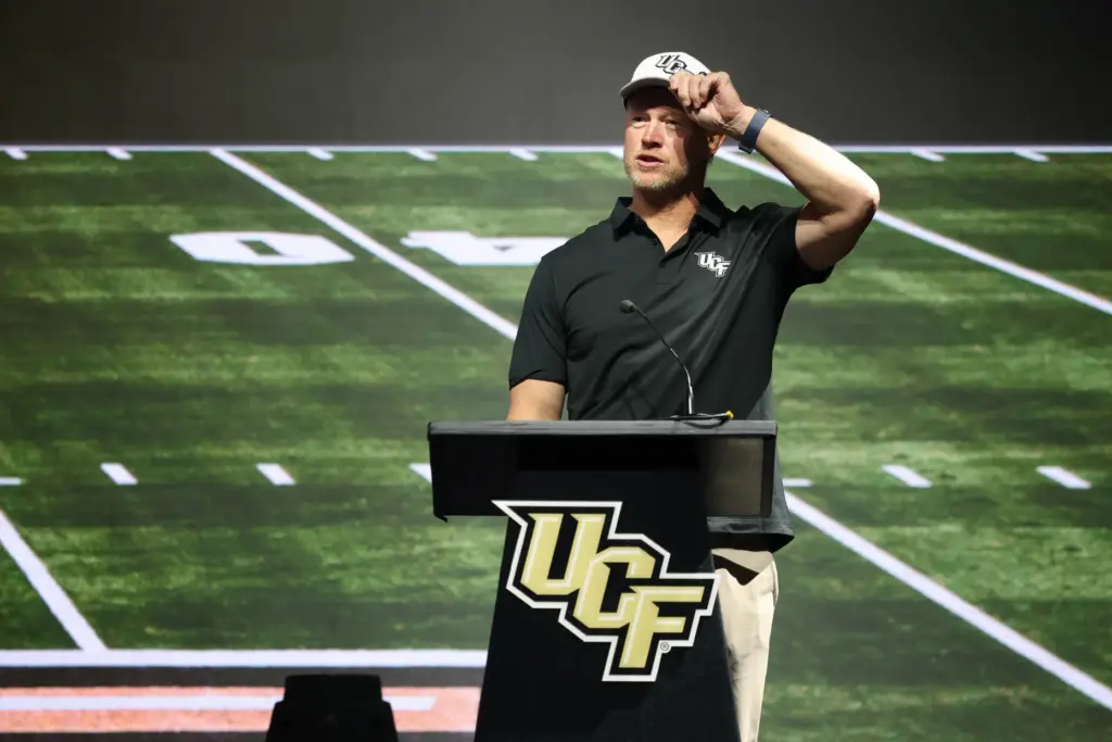 University of Central Florida football coach Scott Frost delivers remarks...