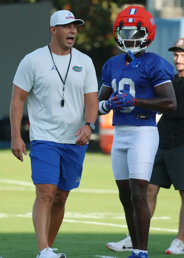 University of Florida head coach Jon Sumrall yells during the...