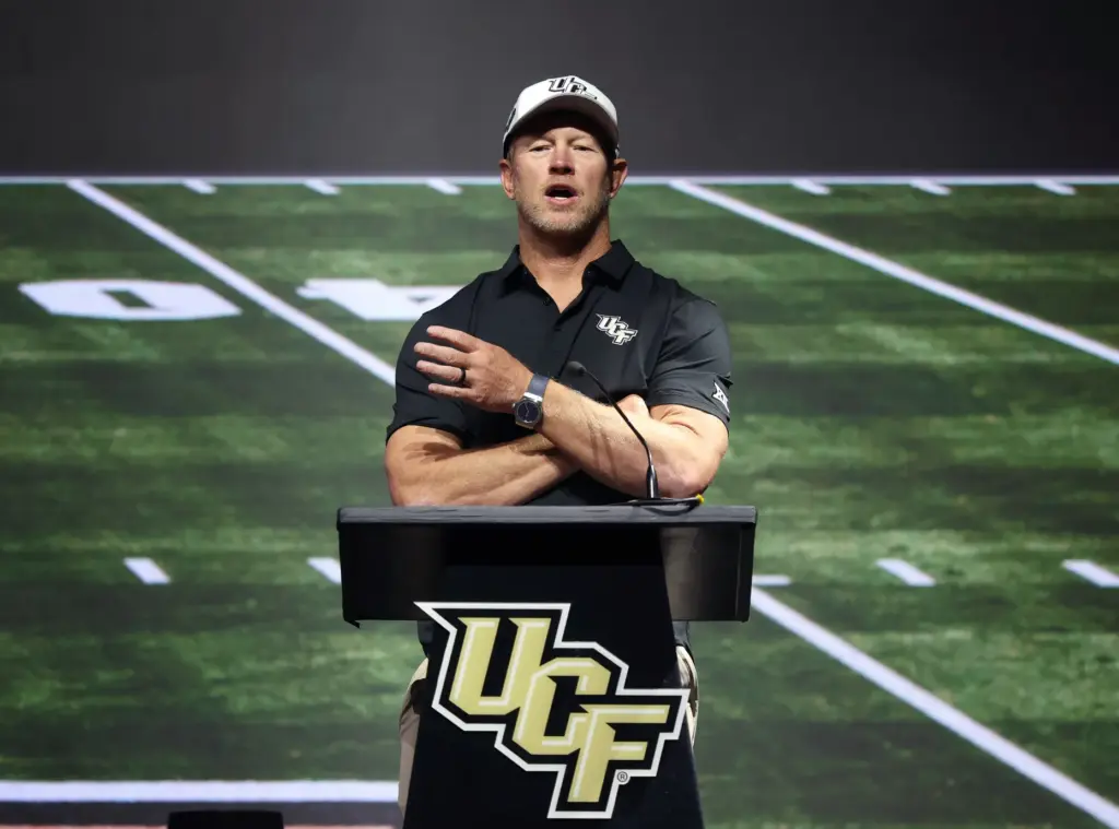 University of Central Florida football coach Scott Frost delivers remarks...