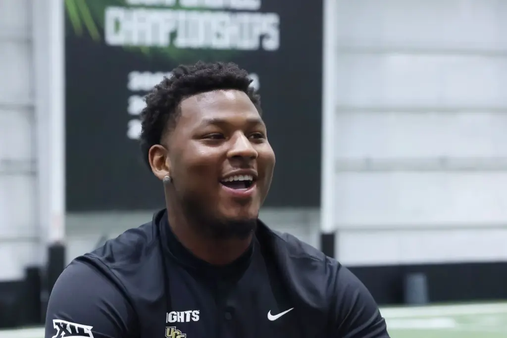 UCF running back Landen Chambers is interviewed during UCF Football...