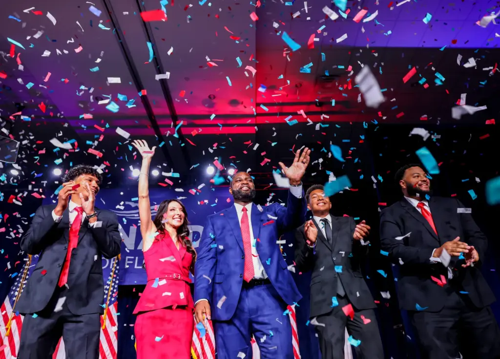 Florida Republican gubernatorial nominee Byron Donalds celebrates under a shower...