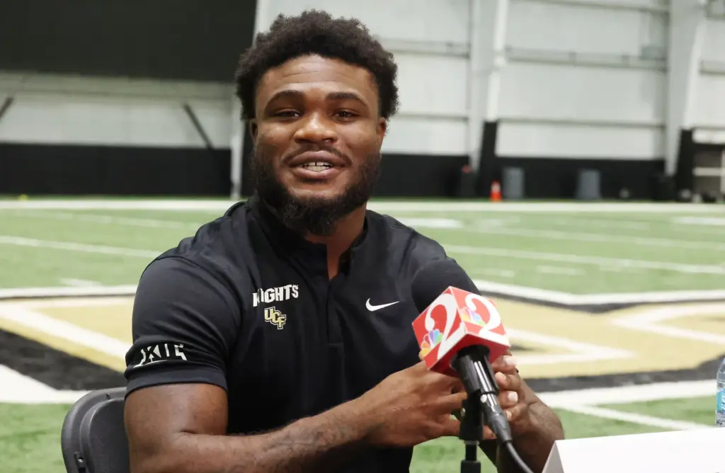 UCF running back Taevion Swint is interviewed during UCF Football...