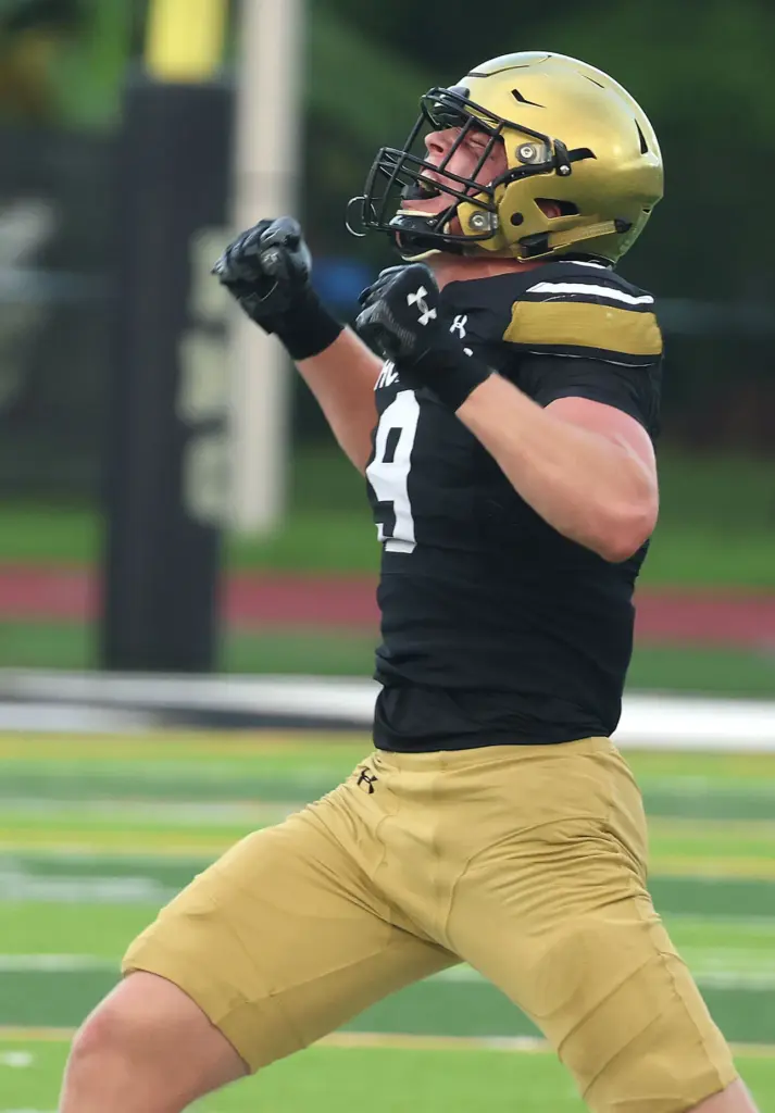 Bishop Moore linebacker Cale Britt celebrates during the Lake Brantley...