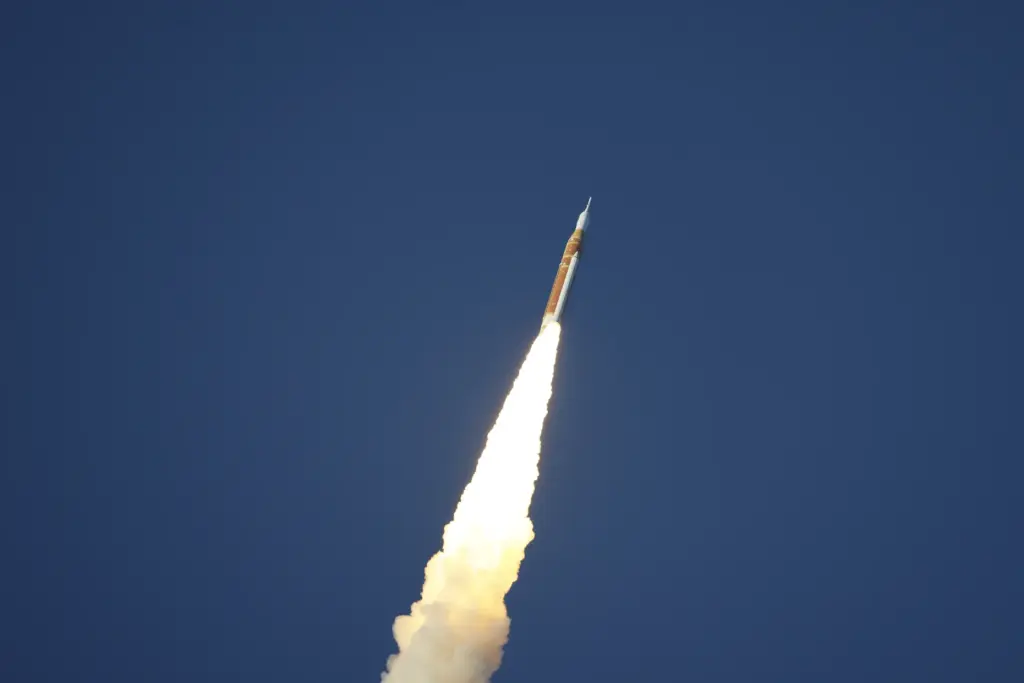 The Space Launch System rocket topped with the Orion capsule...