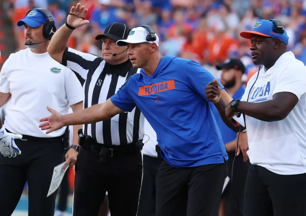 Florida coach Jon Sumrall reacts during the Campbell University at...